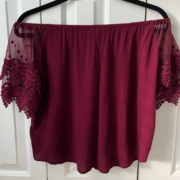 Burgundy Sheer Lace Off-the-shoulder Blouse Size Small - Picture 6 of 12